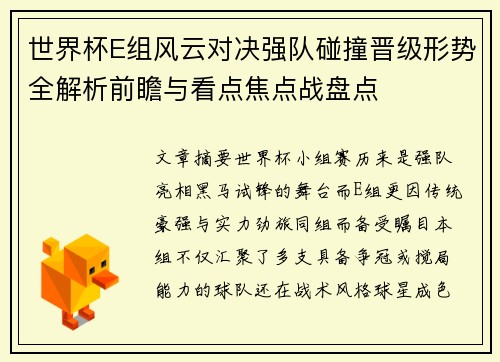 世界杯E组风云对决强队碰撞晋级形势全解析前瞻与看点焦点战盘点